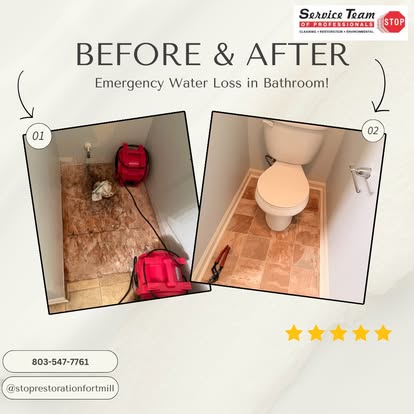 Before and after emergency water loss in bathroom — tile and fixtures fully restored