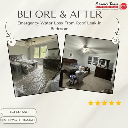 Before and after roof leak water damage in bedroom — ceiling and flooring fully restored