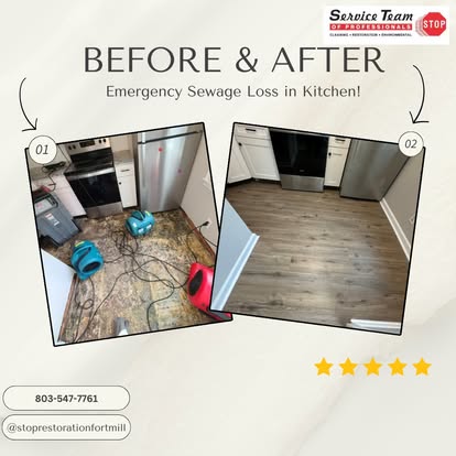 Before and after emergency sewage loss in kitchen — fully restored floors and cabinets